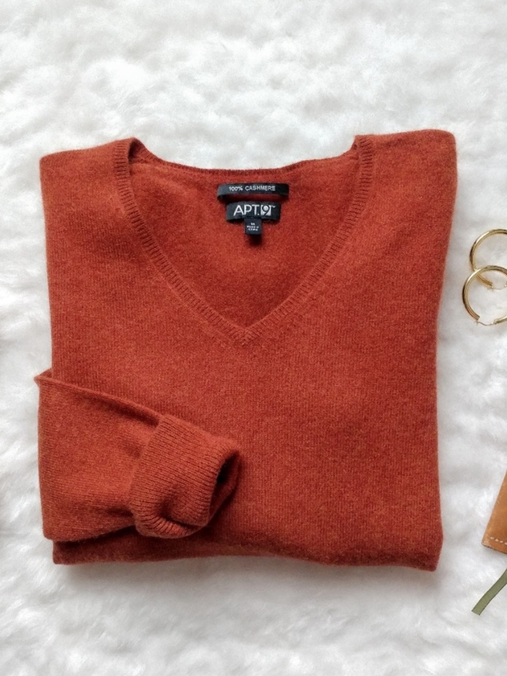 Apt 9 🔶 100% Cashmere V Neck Sweater Top Rust Orange M